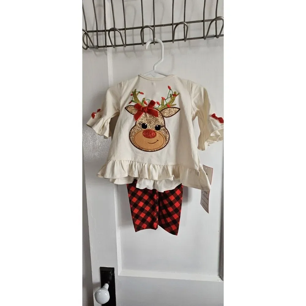 NWT Rare Editions 2pcs set top and‎ pants reindeer and bow ties 18Month